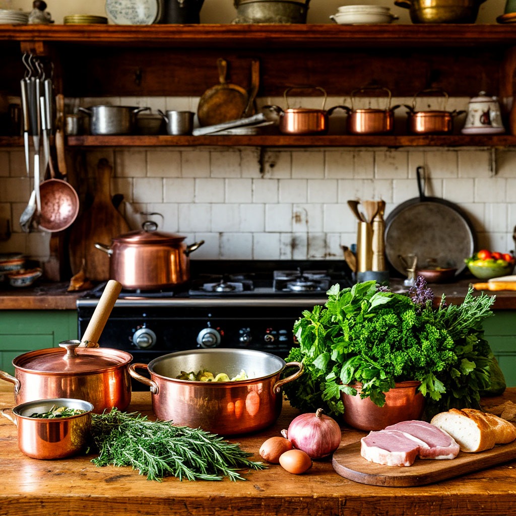 Traditional British kitchen with copper pots and fresh ingredients