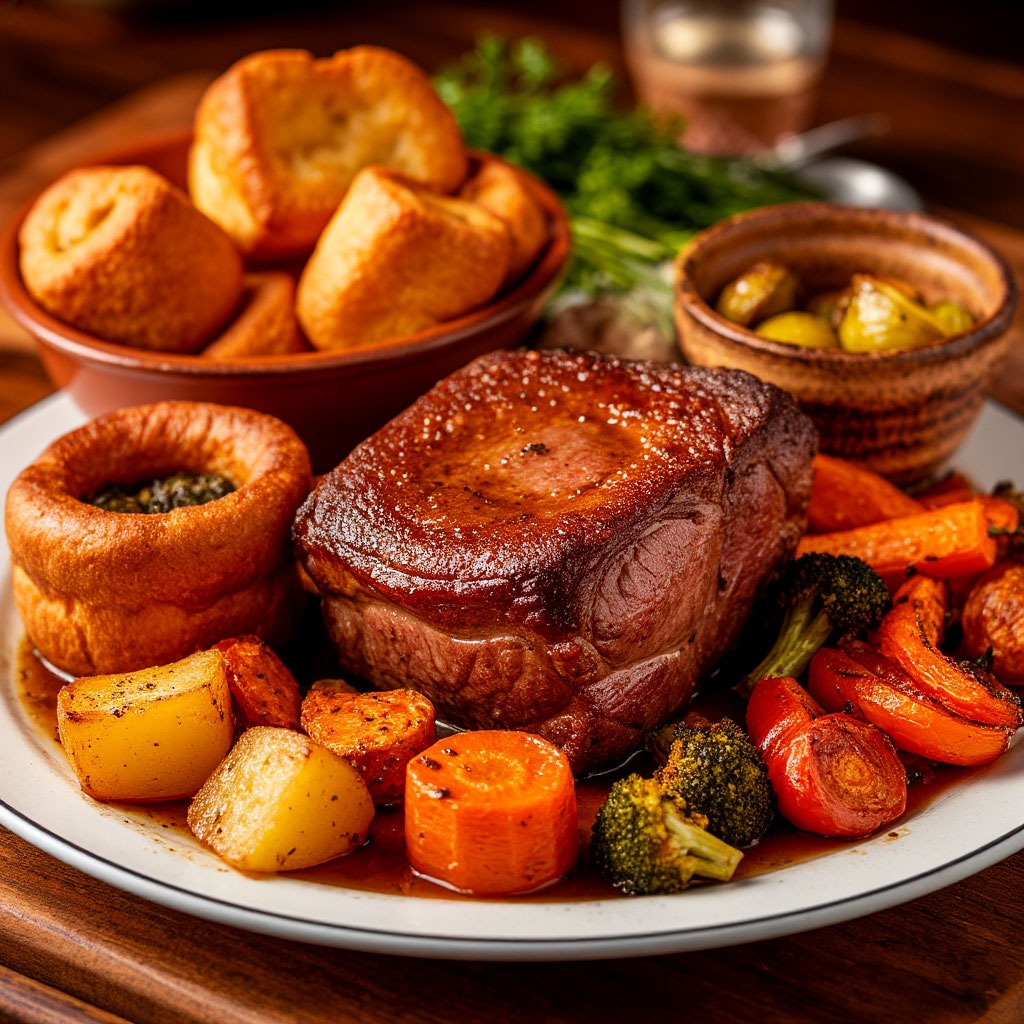 Perfect Sunday roast with Yorkshire puddings and roasted vegetables