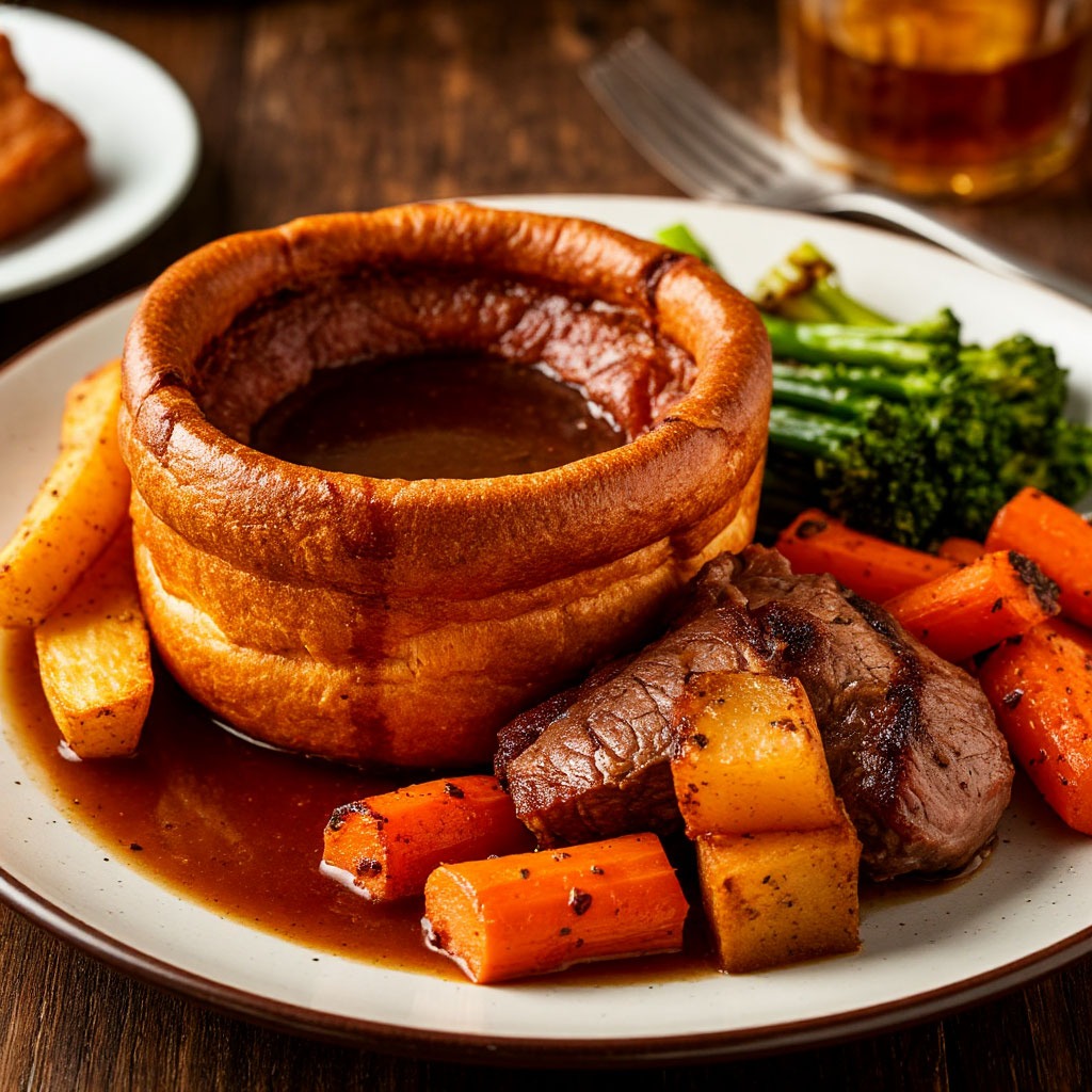 Traditional British Sunday roast with Yorkshire pudding and seasonal vegetables