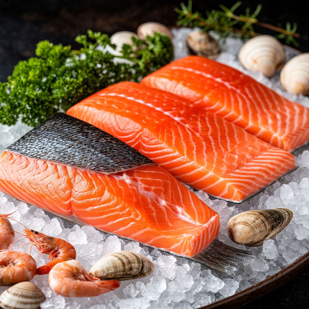 Fresh Scottish salmon and shellfish on ice