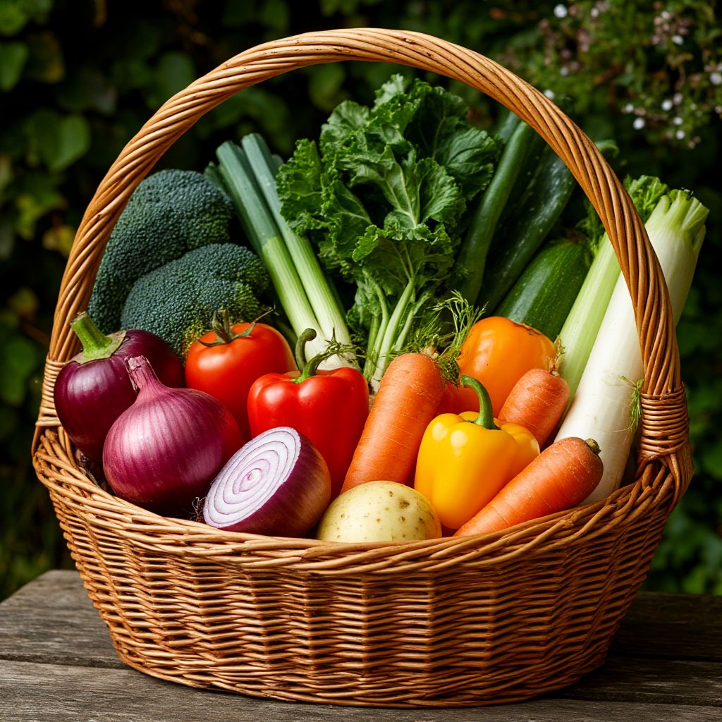 Seasonal British vegetables in wicker basket