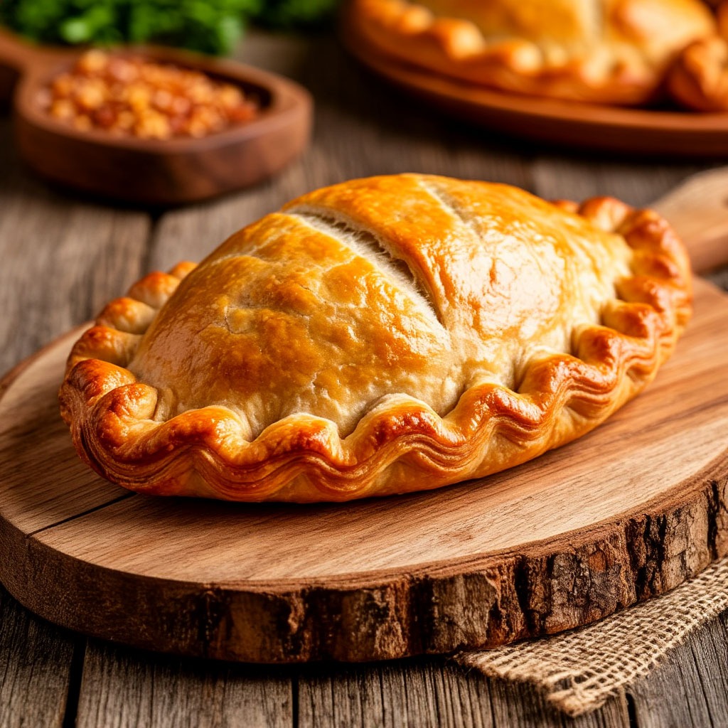 Golden Cornish pasty with crimped edges on rustic wooden board